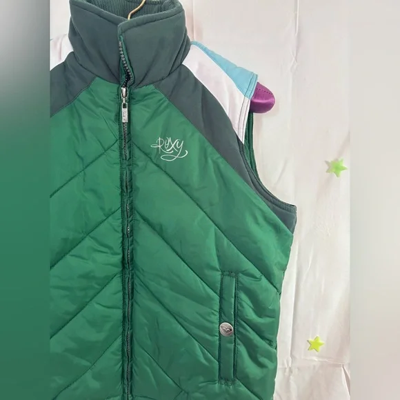 Y2K Roxy Green White and Blue Puffer Vest Women’s Size M - Picture 7 of 12